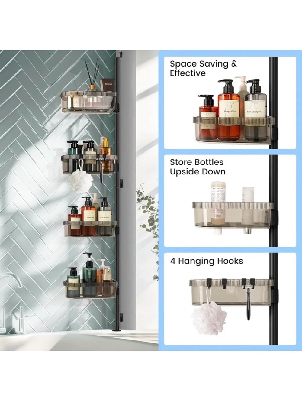 Corner Shower Caddy Adjustable Tension Pole 30–74.9” No Drill Black NIB Floyzoy